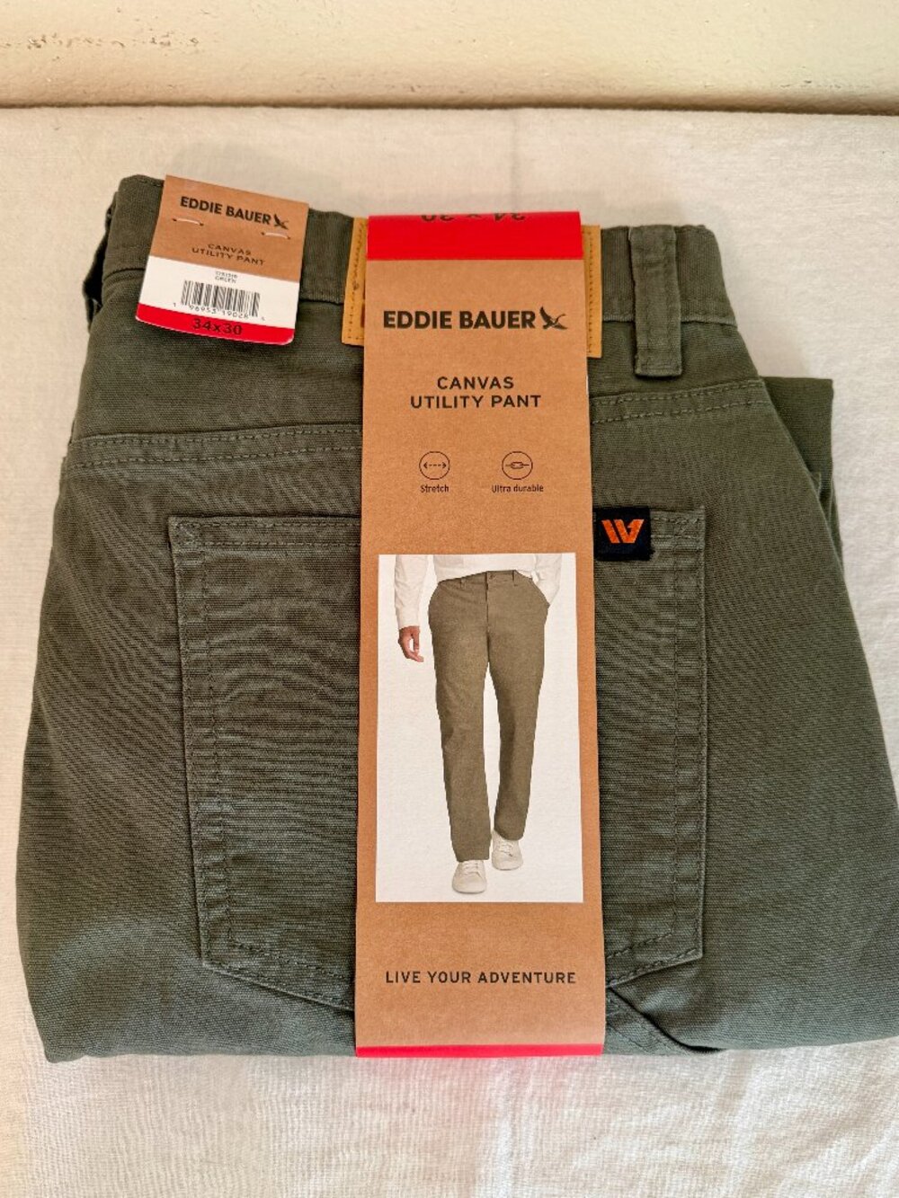 Eddie Bauer Men's Canvas Utility Work Pant Size 34X30 Green Stretch Durable NEW